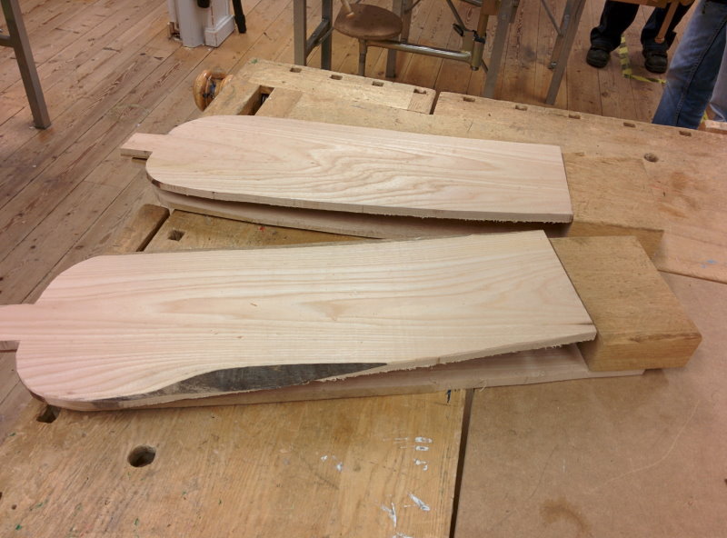 Raw cut out and planed wooden pieces (ash and oak)