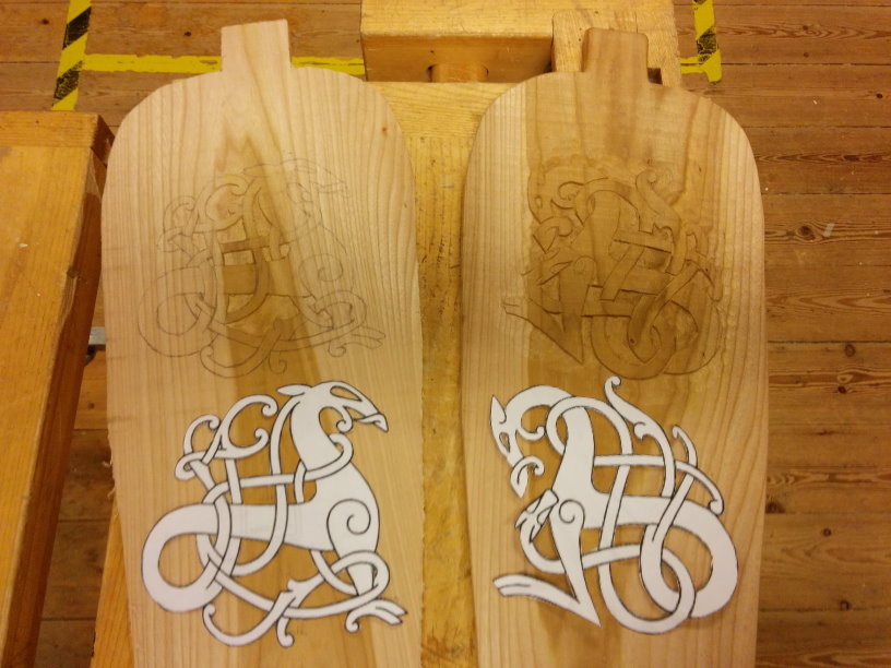 I opted to cut out some similar but slightly different decorations from the Sigurd Fafnersbane saga on the top boards.